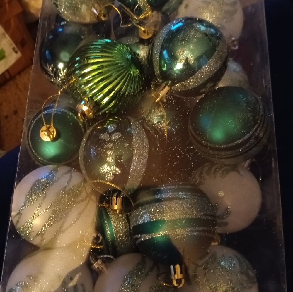 Deep Teal Brite Green White with sparkle dust Christmas 🎄 ornaments.
